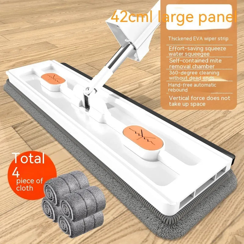 Large flat mop with long stainless steel handle and blue/white cloths on a hard floor.