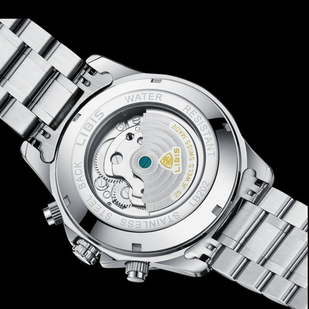 Silver stainless steel automatic perpetual calendar mechanical watch with sapphire crystal glass