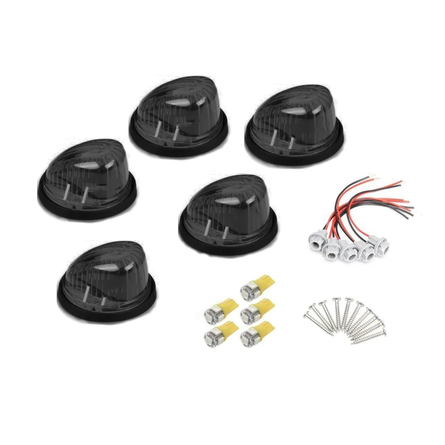 Five cab roof marker light assemblies with yellow lenses, bases, T10 LED bulbs, screws, and wire sockets for commercial vehicle installation