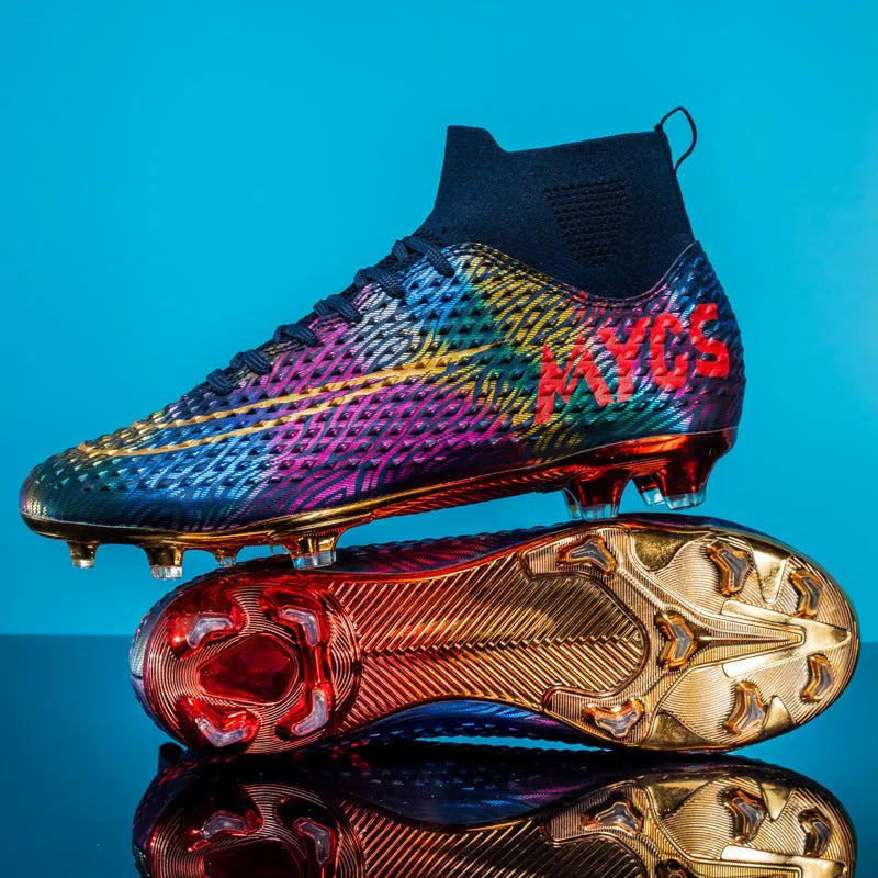Men's outdoor training gold-plated high-top soccer shoes in green with synthetic leather upper and rubber sole
