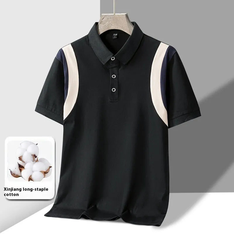 Men's striped cotton T-shirt with business lapel collar and short sleeves