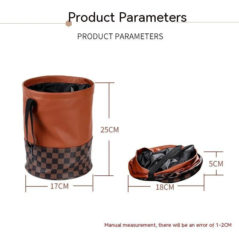 Black retractable leather car trash can with folding design and carry handle