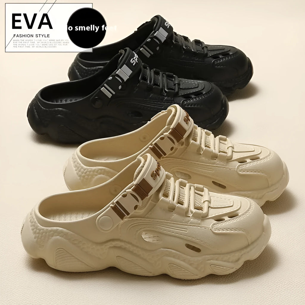 Men's khaki outdoor slippers with EVA sole and hollow out breathable design