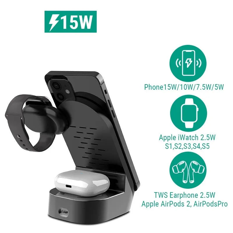 Black grey foldable 3-in-1 wireless charger vertical stand showing phone, watch and headphone charging
