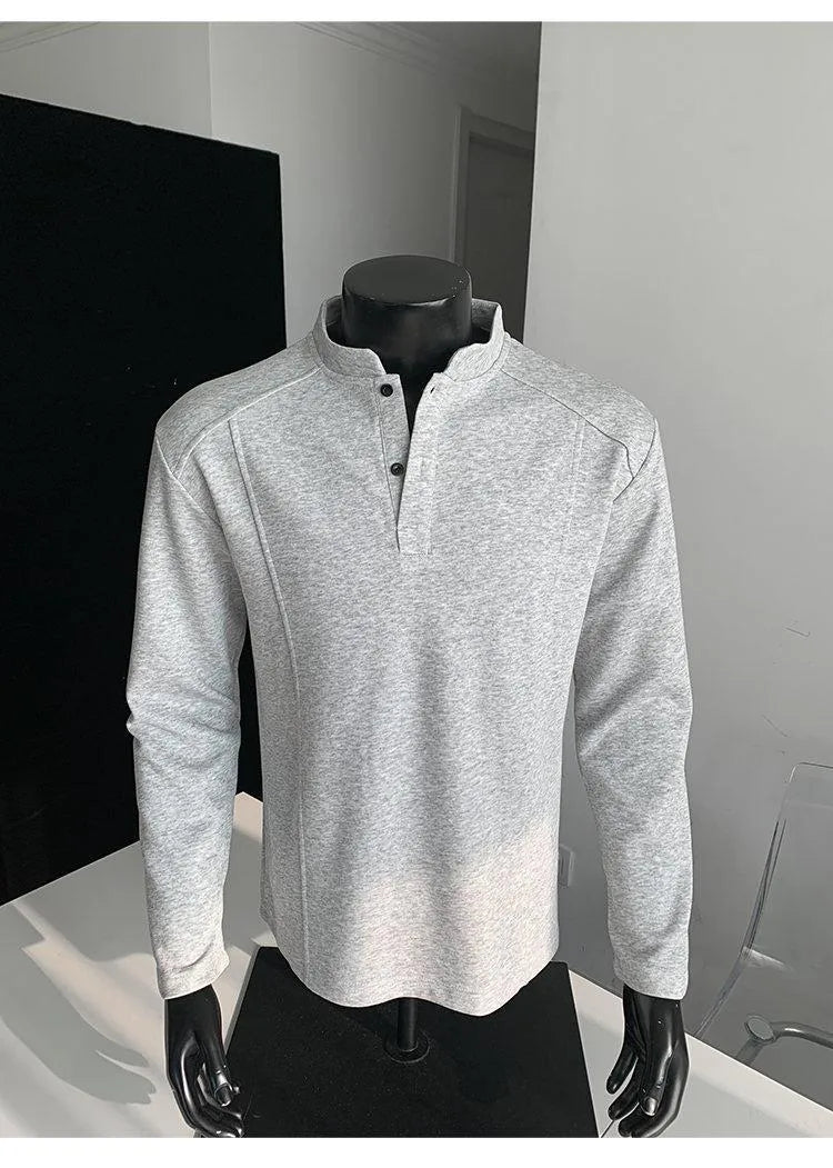 Men's patchwork shoulder polo shirt with stand-up collar in cotton fabric