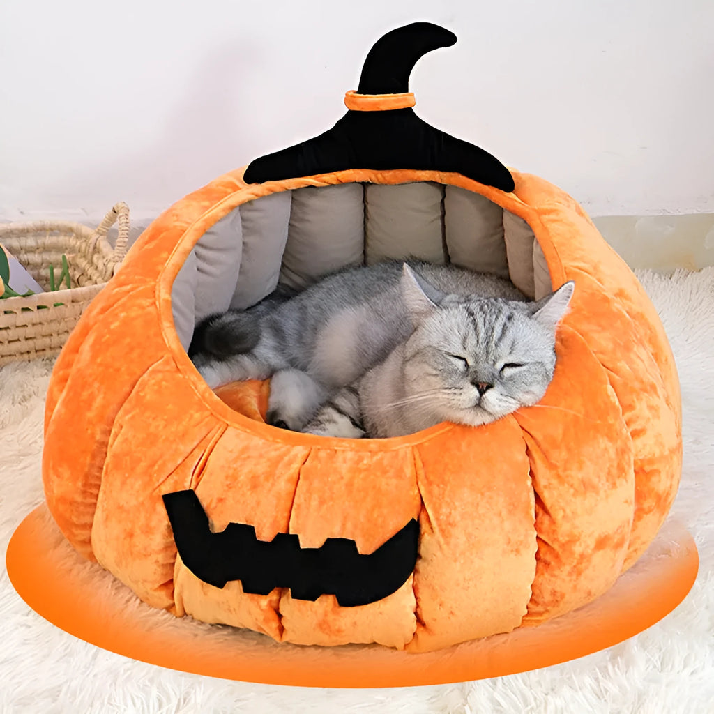 Halloween pumpkin design cat bed in orange or black cloth for indoor pets