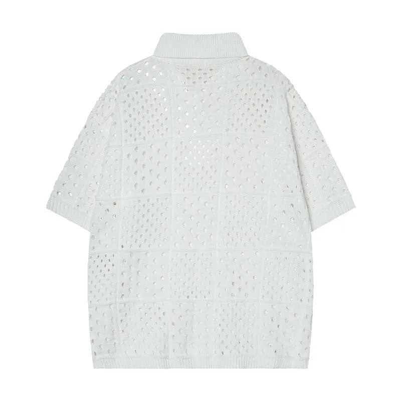 Solid colour short-sleeved knitting polo shirt in loose cardigan style for teenagers