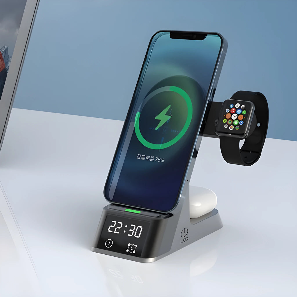 Black six-in-one wireless charging alarm clock with phone pad, Apple Watch dock, and earphone cradle.