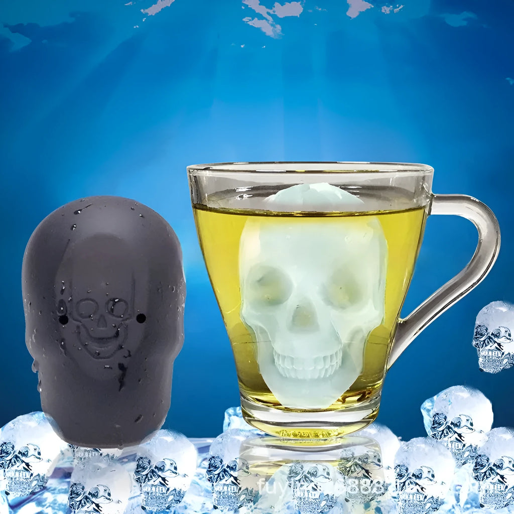 Silicone Halloween ice tray making 3D skull-shaped ice cubes.