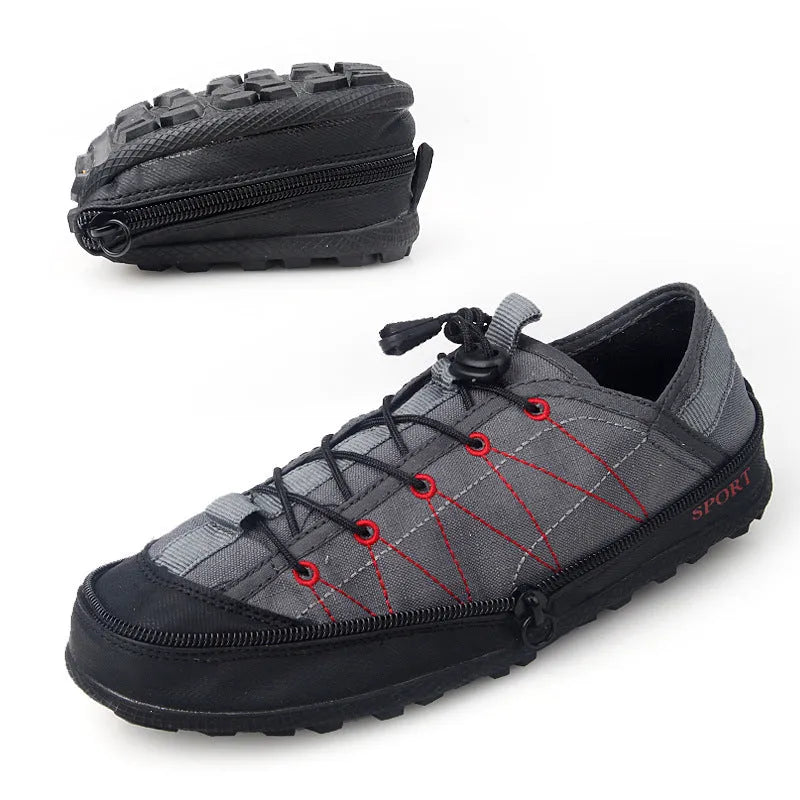 Orange folding outdoor hiking shoe with side zipper, shown next to its compact folded state