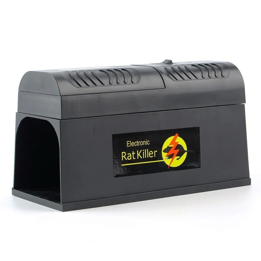 Black high voltage electronic rodent repellent unit with choice of UK, EU, or US plug.