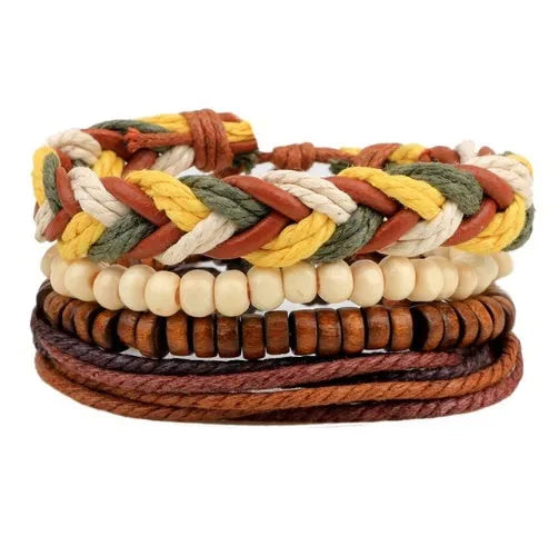 Hand-woven leather bracelet with wooden beads and adjustable closure in punk style