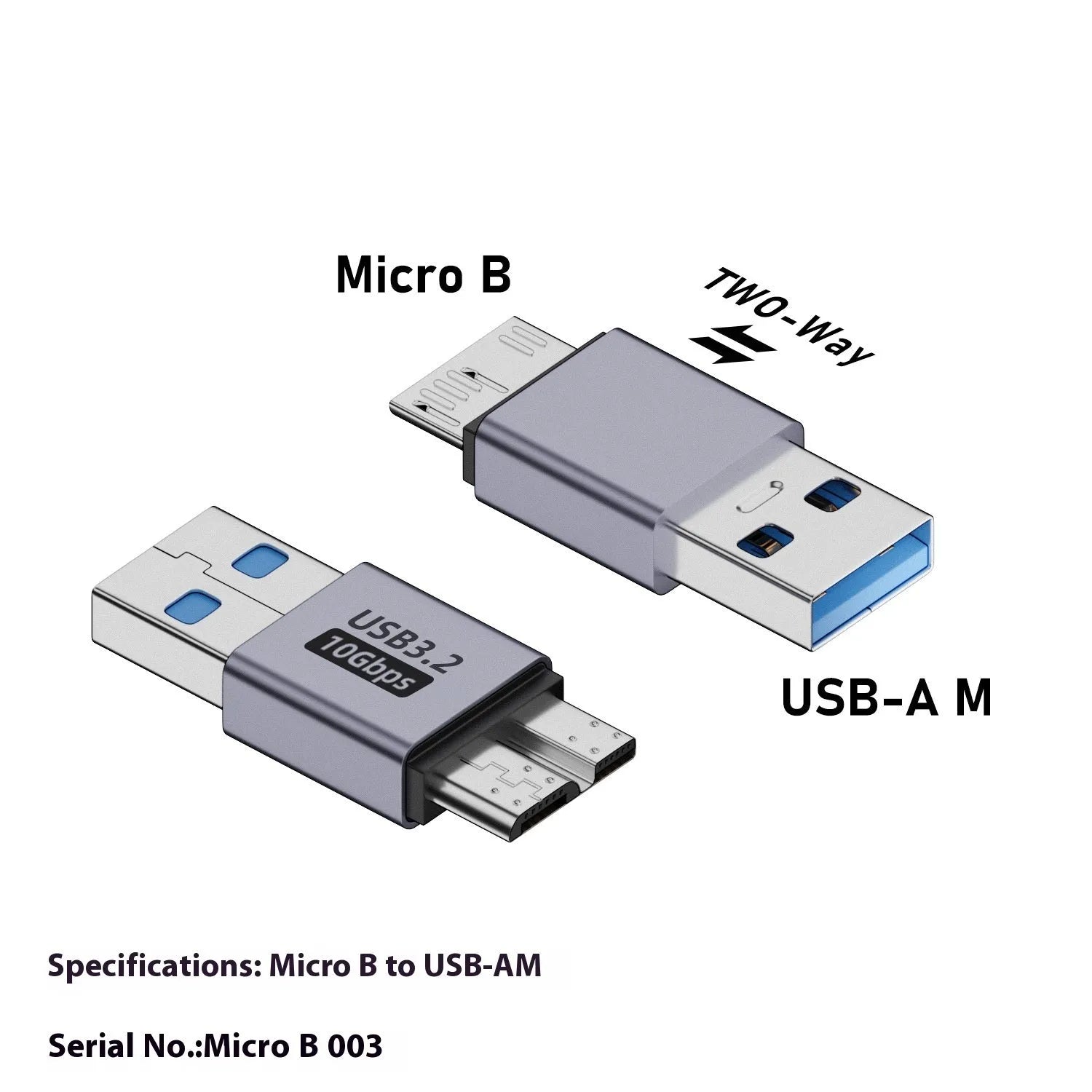 USB AM to Micro-B adapter connector with four different micro interface head options.
