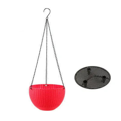 Plastic hanging basket planter with chain in one of seven colours: black, blue, bronze, green, grey, red, or white.