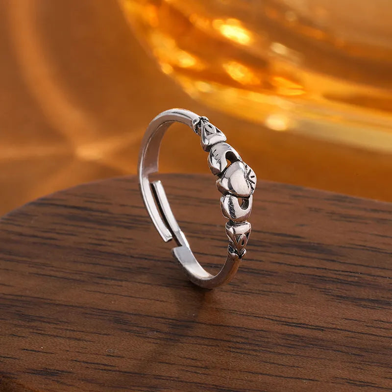 Love personalized small fresh open ring for women, retro silver heart shape on a copper base, adjustable band