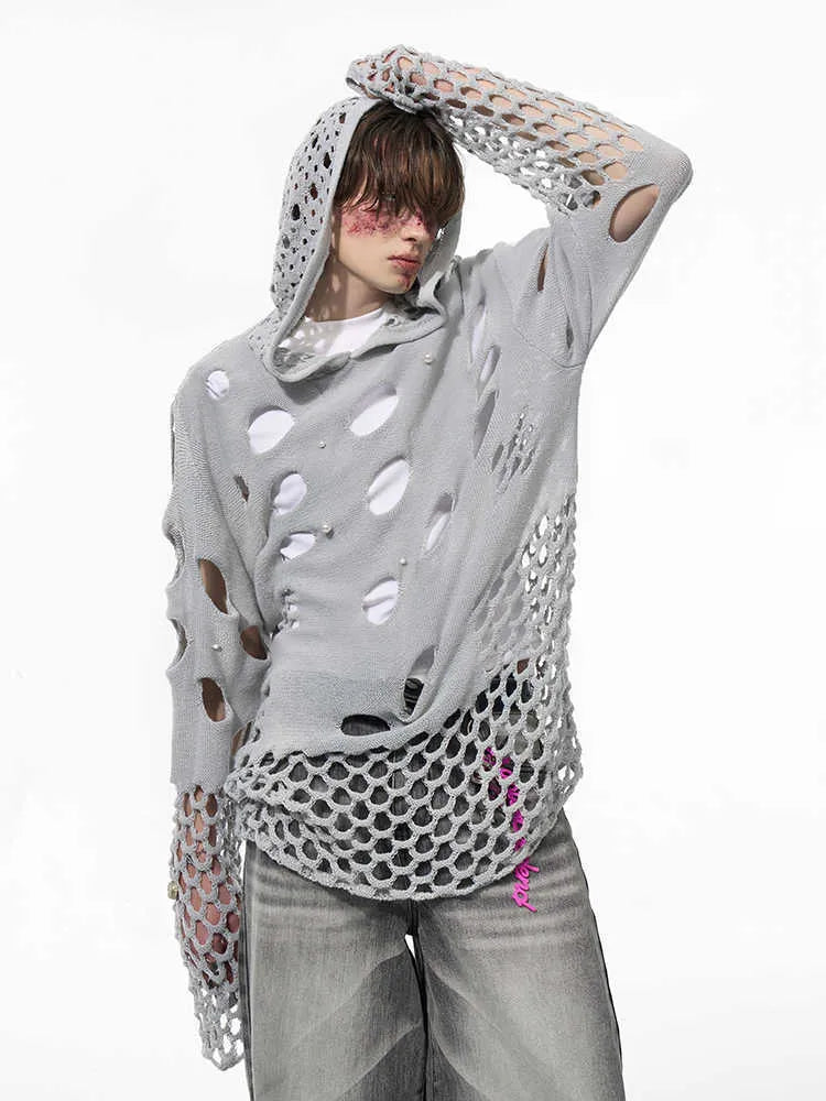 Black men's hooded sweater with pearl decoration on hood showing loose fit and pullover design