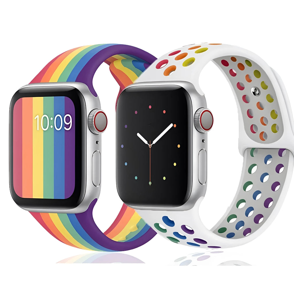Silicone sports wristband with buckle in black, rainbow or white colour on a wrist.