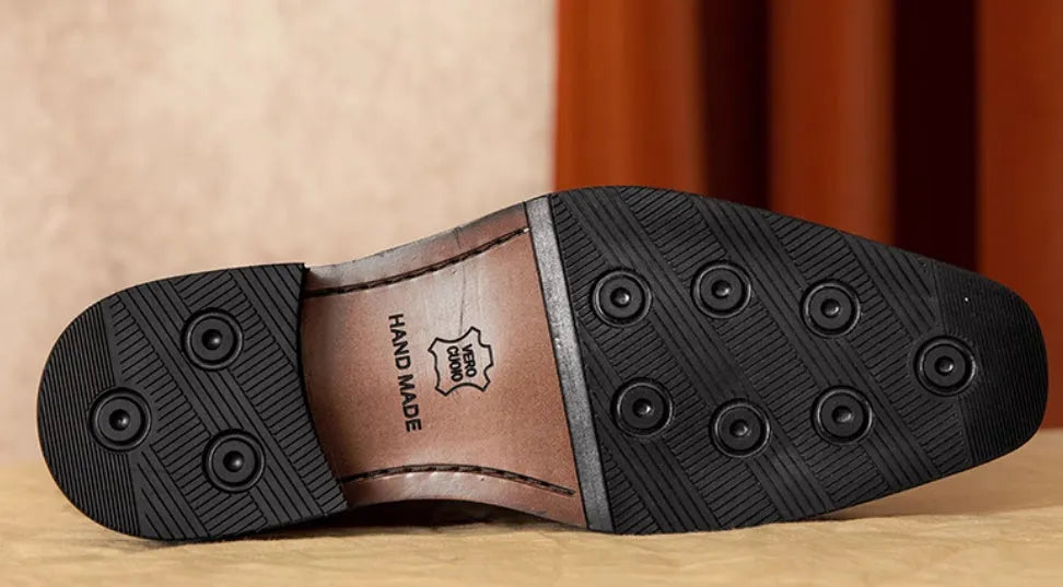 Men's black genuine leather loafers with fringed British styling and slip-on design