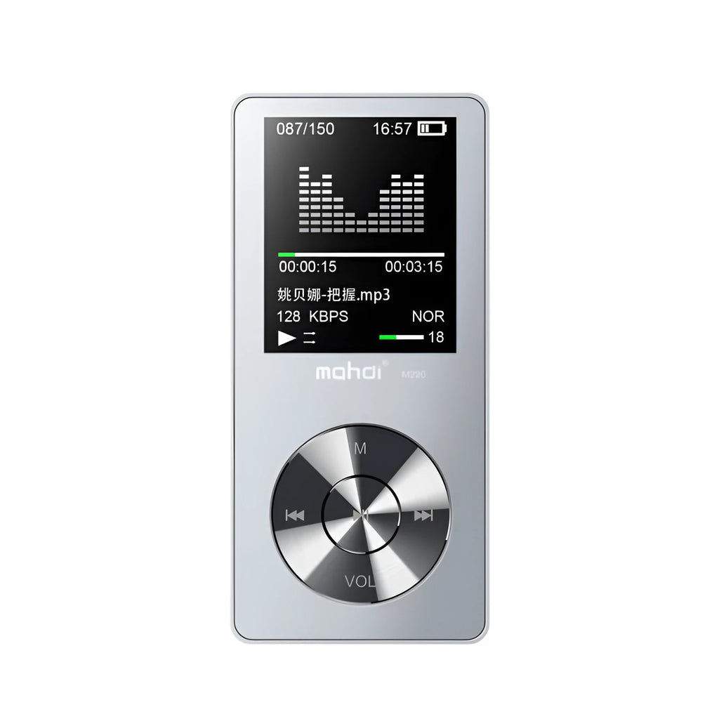 Gold, silver, or black metal portable MP3 player with a 1.8-inch screen showing a music menu.