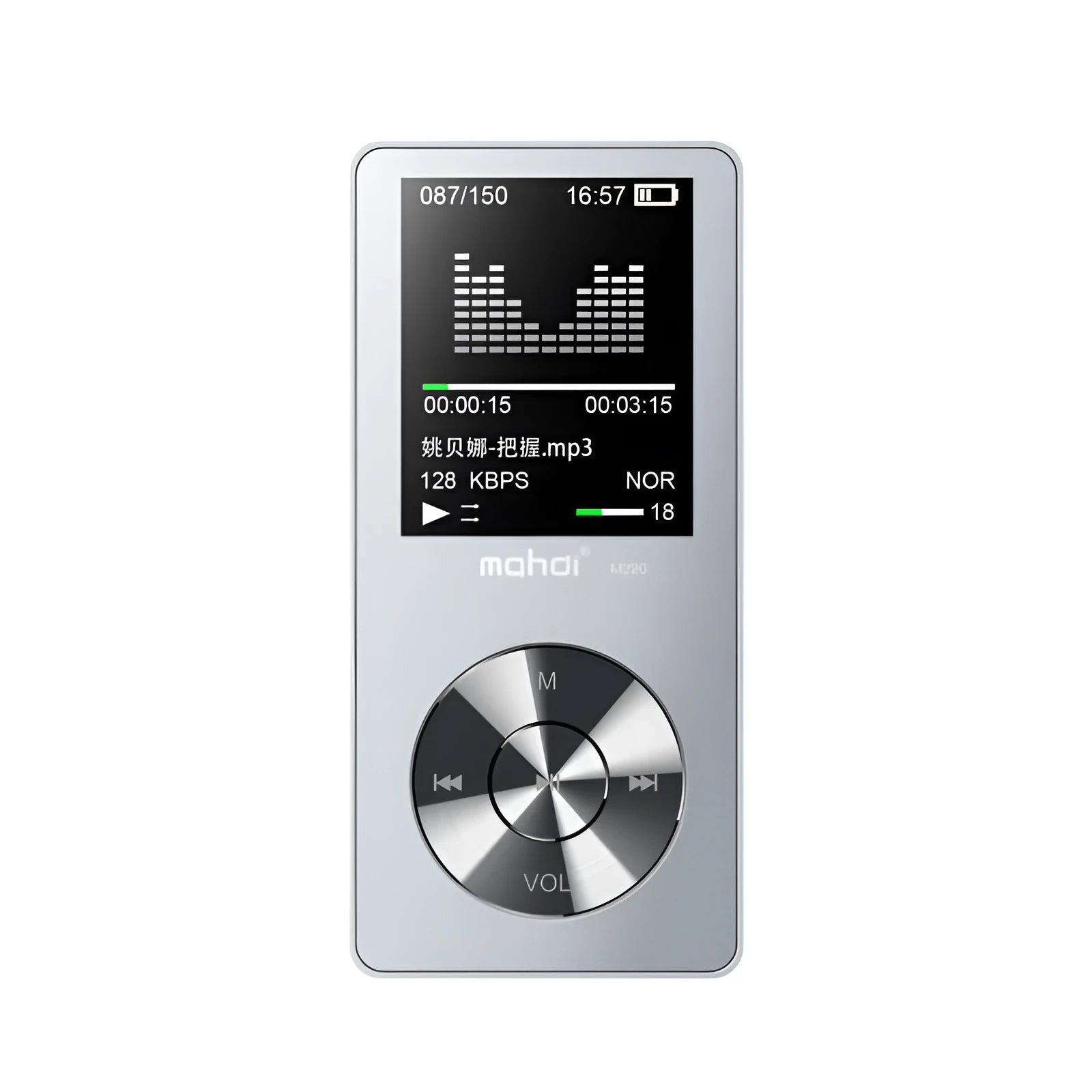 Gold, silver, or black metal portable MP3 player with a 1.8-inch screen showing a music menu.