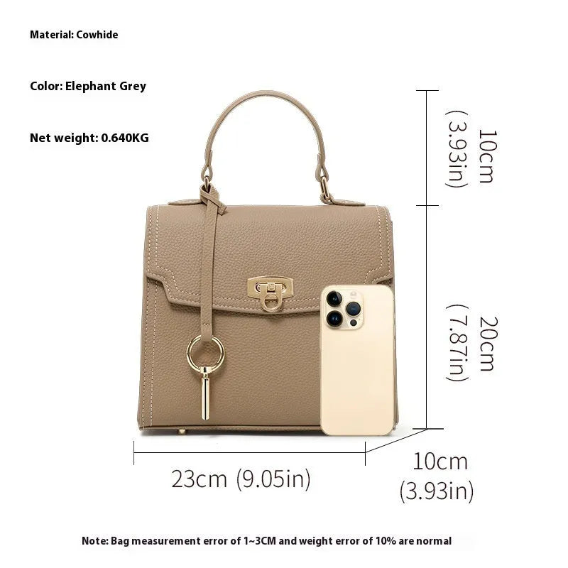 Elephant grey genuine leather handbag with vintage lock and litchi pattern texture