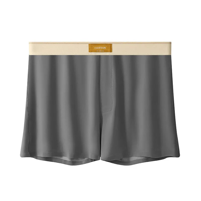 Men's solid colour loose ice silk underwear in a pack of three, shown in beige, black, and grey.