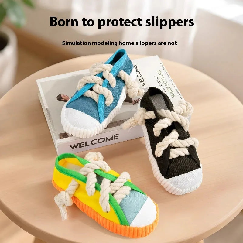 Flexible plastic dog chew toy shaped like a slipper in yellow, with a bendable design and sound chip.