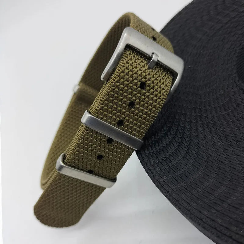 Textile nylon integrated watch strap in Army Green colour showing the 20mm width.