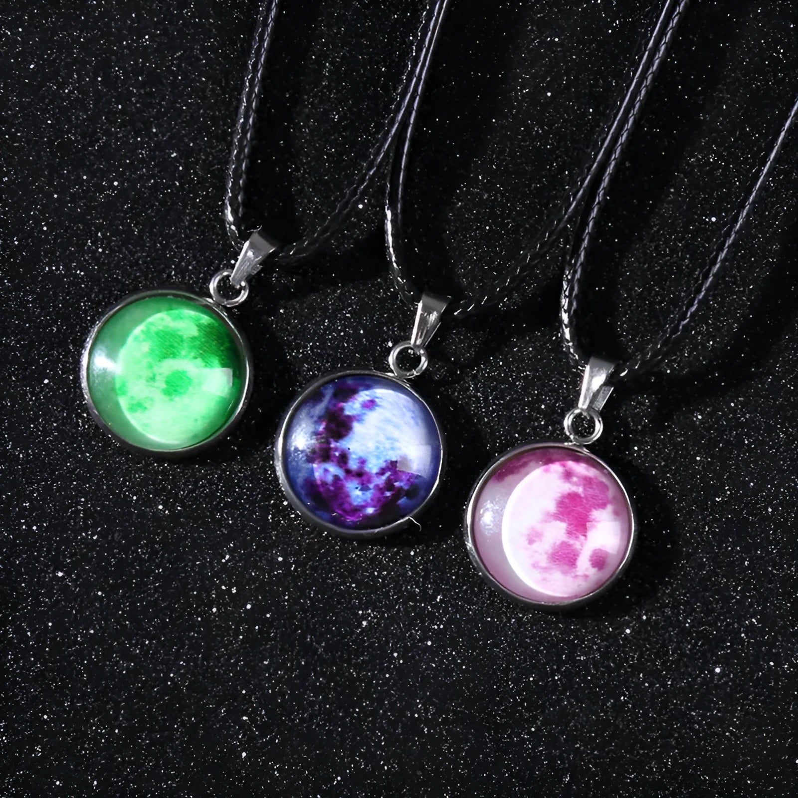 Glass constellation pendant on luminous alloy necklace chain with extension