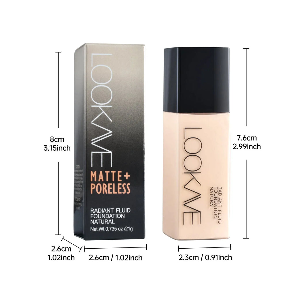 LOOKAVE Matte Liquid Foundation bottle in 21ml size showing shade options LK63C-01 to 06.