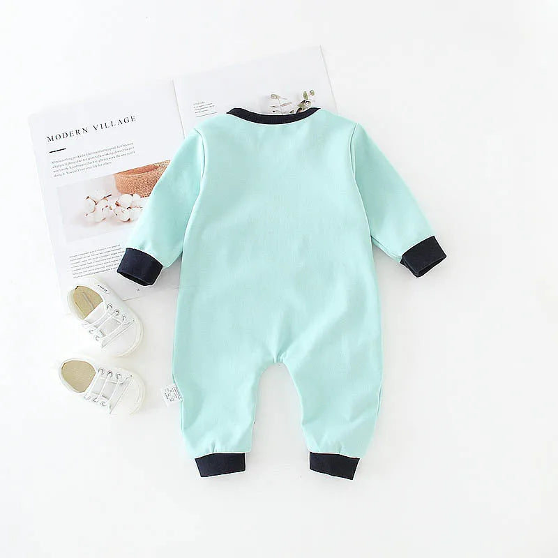 Baby cotton long sleeve romper with diagonal button closure in blue house print