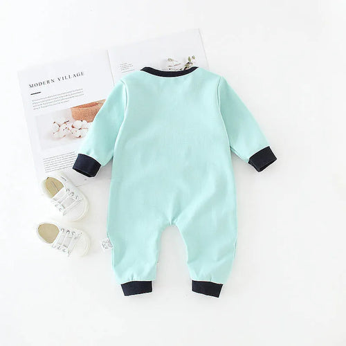 Baby cotton long sleeve romper with diagonal button closure in blue house print