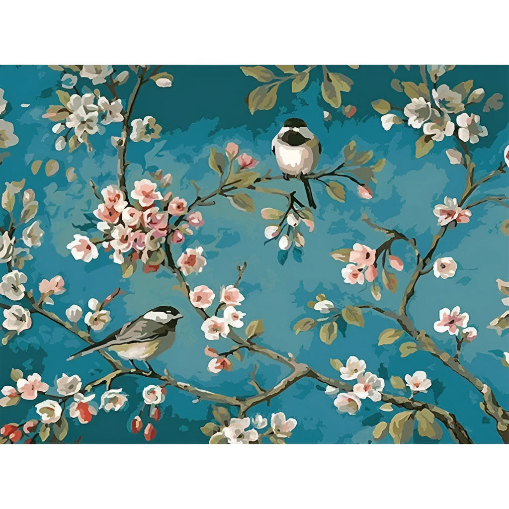 Hand-painted blue flowers and birds abstract oil painting on linen canvas measuring 40x50cm