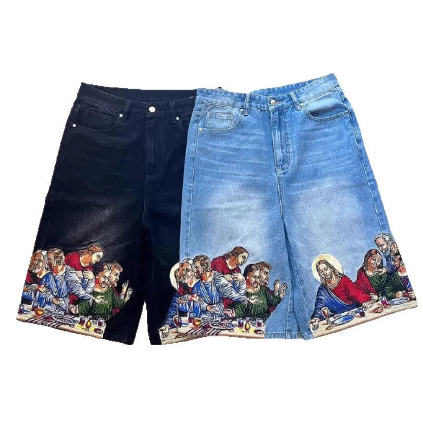 Blue men's tapered cotton shorts with a Jesus print on the back pocket.