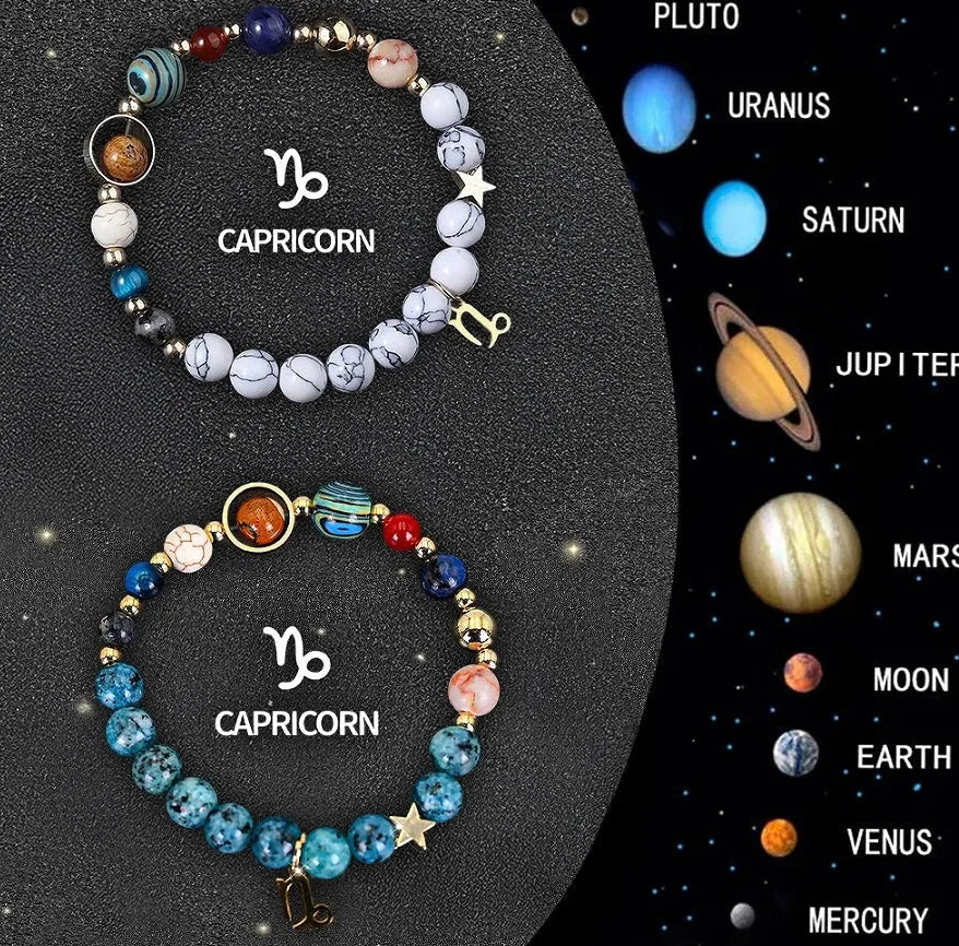 Set of two natural stone beaded bracelets with zodiac sign designs and a stainless steel clasp.