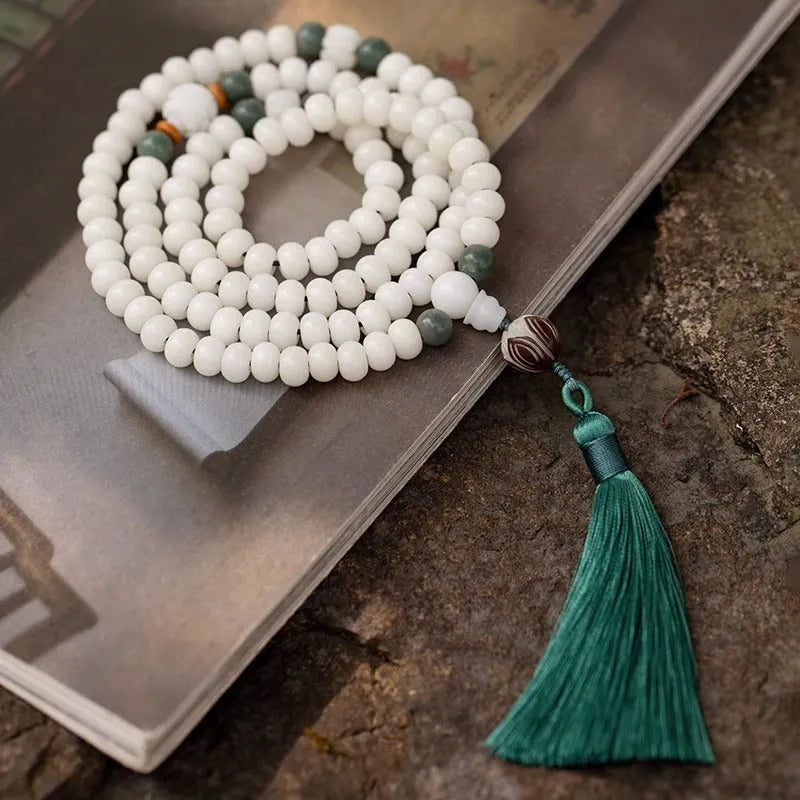 White jade Bodhi bead bracelet with 6x8mm beads in multiple design styles