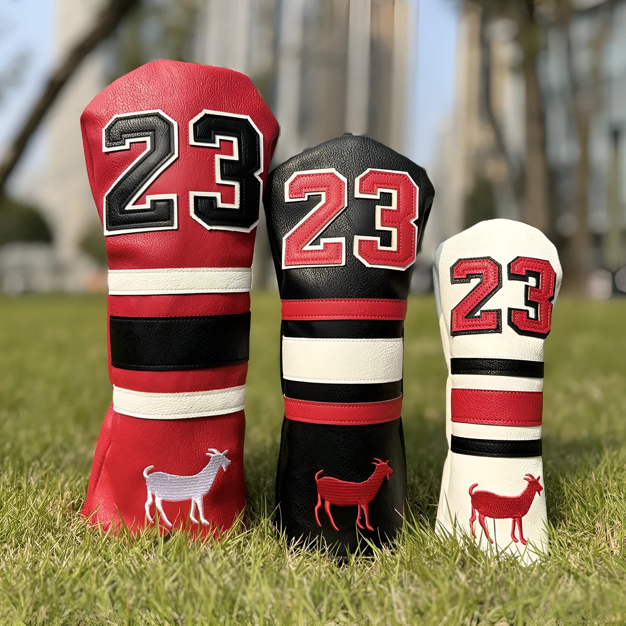 Ram golf club headcover set showing chicken drumstick UT cover, fairway wood sleeves, and square putter sleeve in red colour