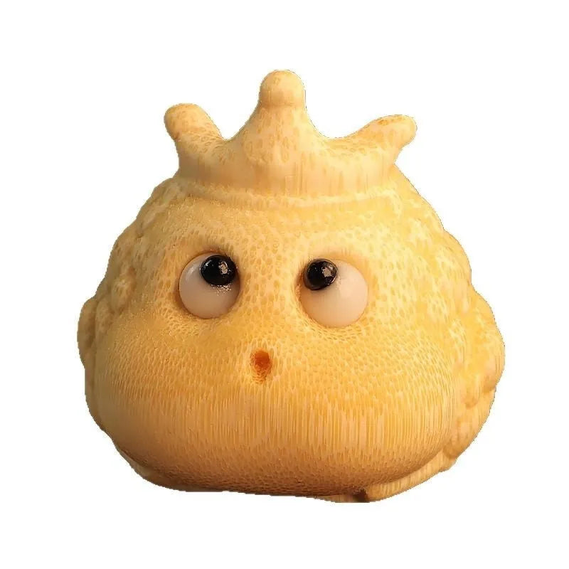 Solid bamboo carving ornament depicting crown princess toad with live eyes in cute style