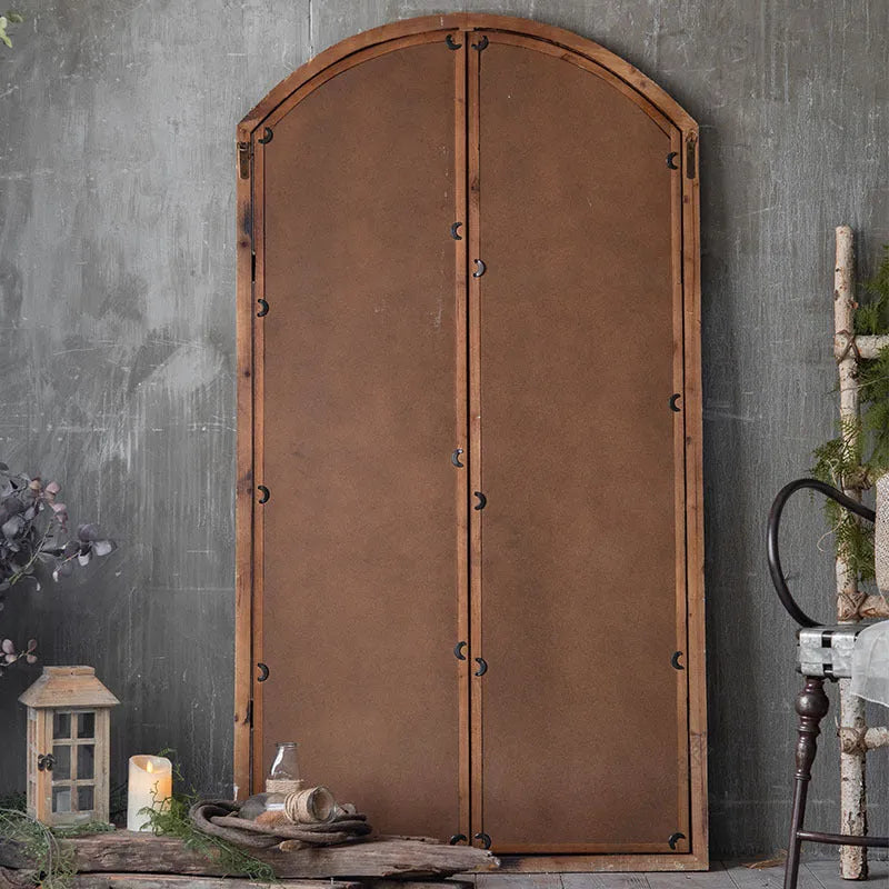 Distressed log-coloured wooden frame fake window wall mirror with single glass pane.