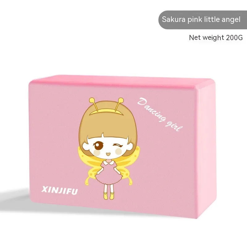 A high-density EVA yoga block in a choice of solid colours or printed designs, measuring 23cm by 15cm.