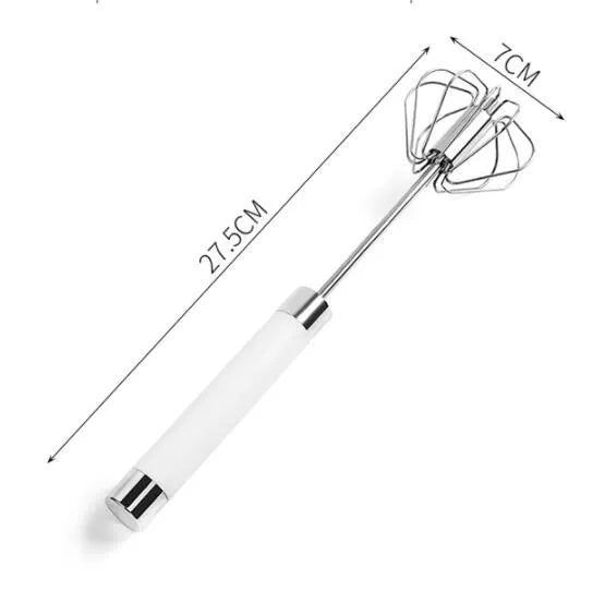Semi-automatic manual egg beater whisk in stainless steel and white plastic