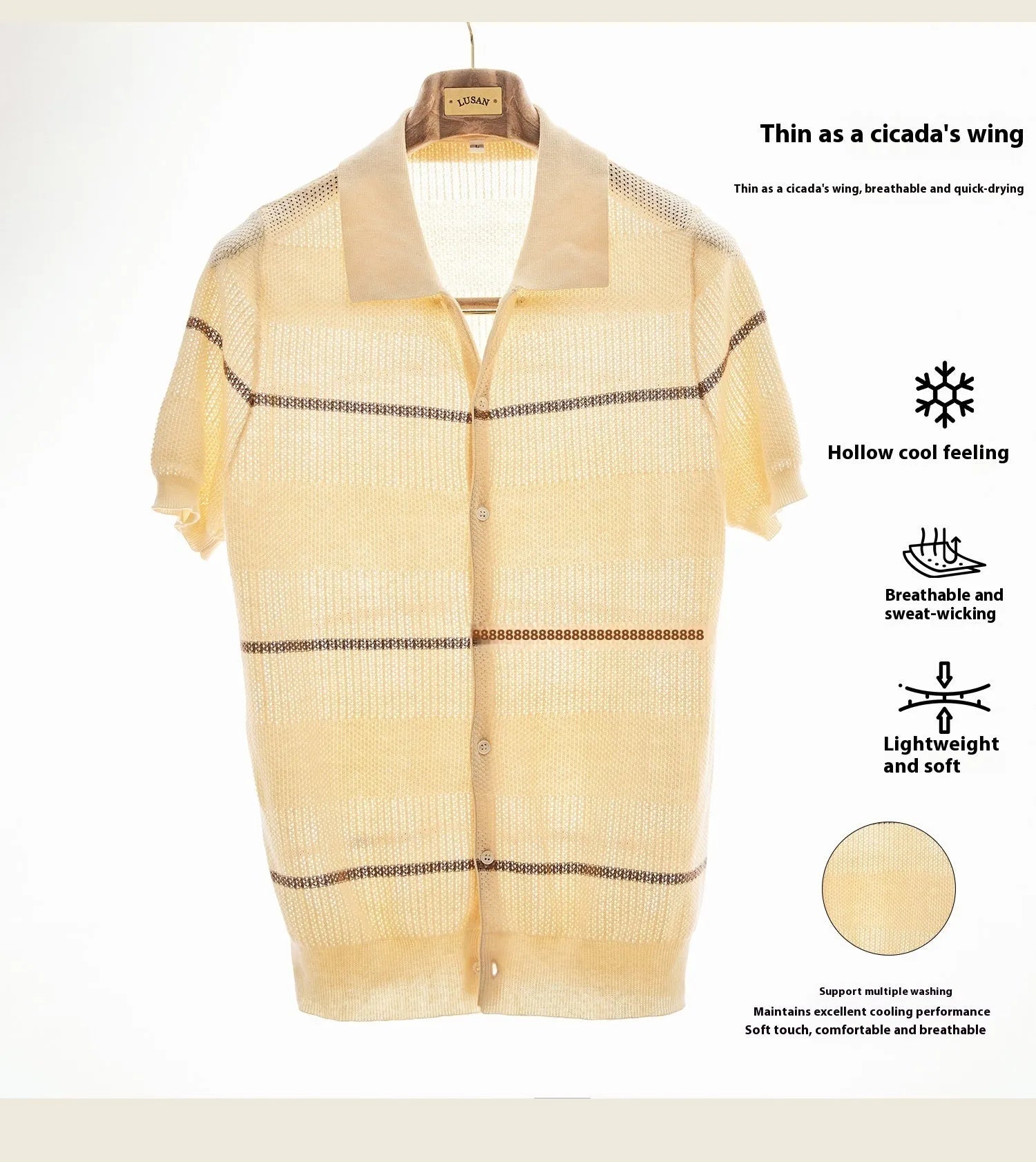 Men's camel coloured lapel collar cardigan with short sleeves made from cotton linen blend fabric