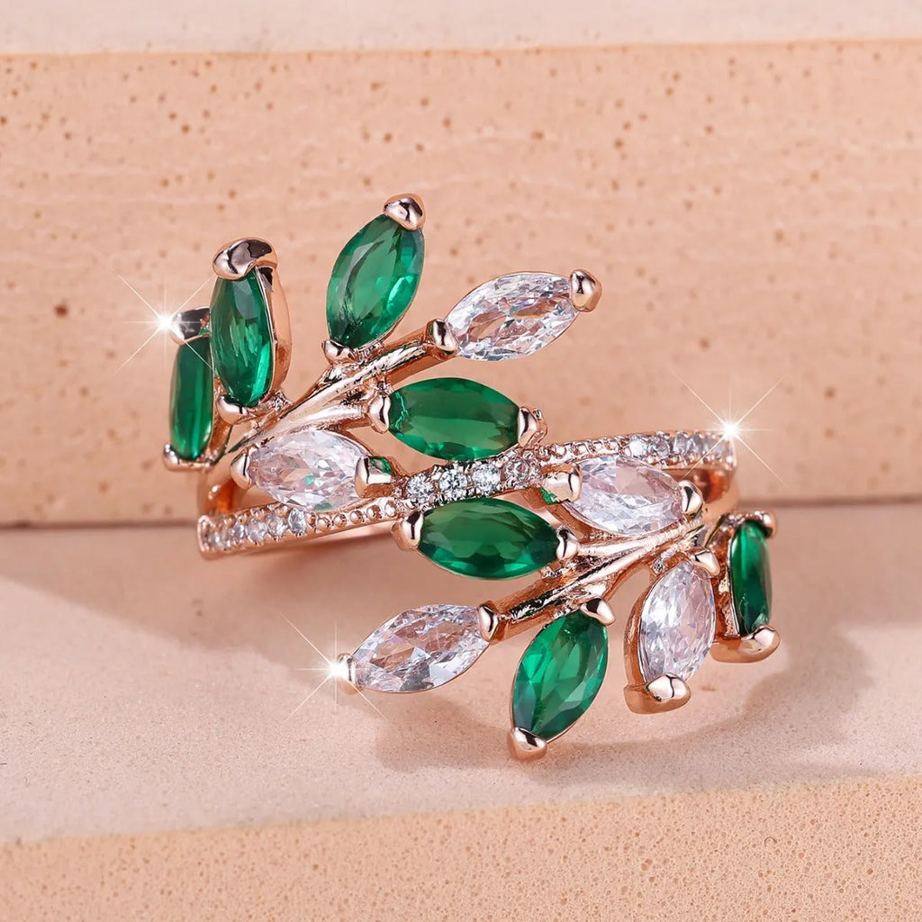 Adjustable copper leaf ring with zircon stones in multiple colour finishes including platinum white and rose gold