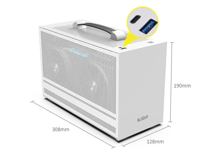 Hummingbird PRO compact ITX desktop PC chassis in titanium grey or white.