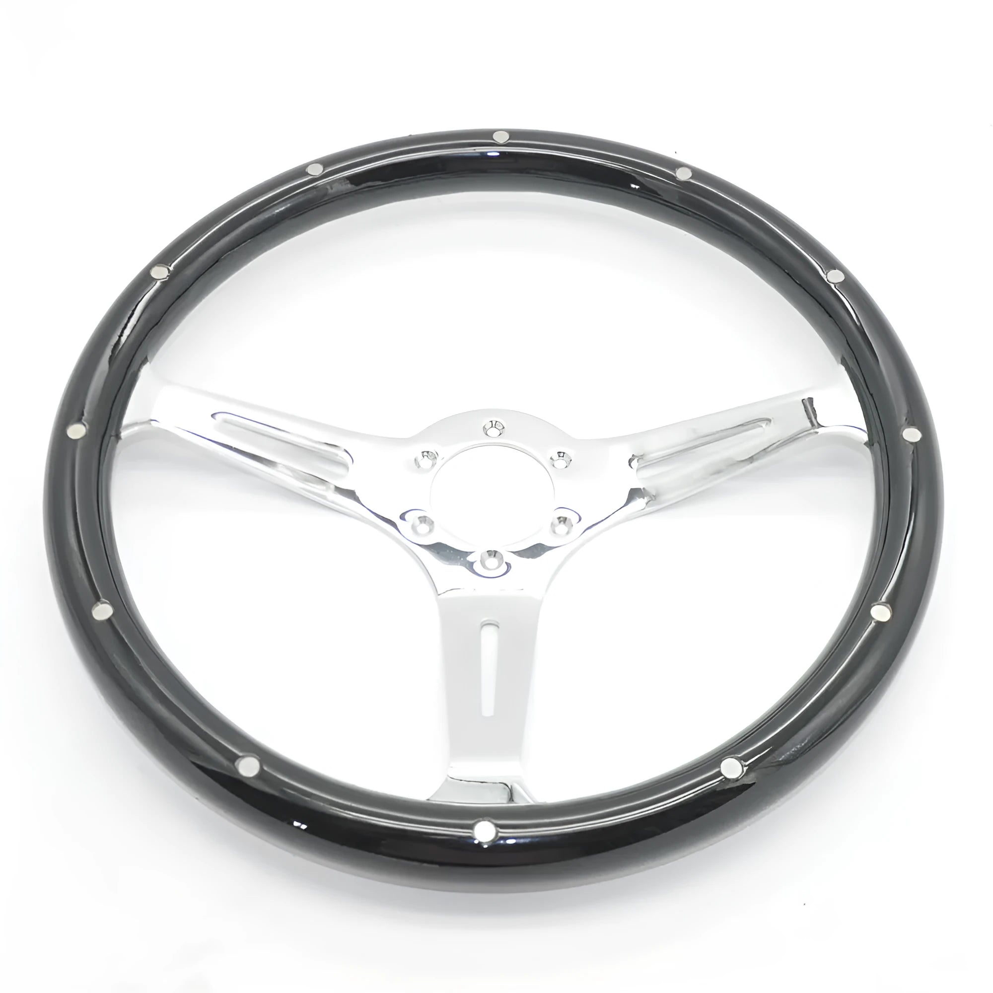 Black electroplated wood steering wheel for classic cars, 15-inch diameter with 6-bolt pattern