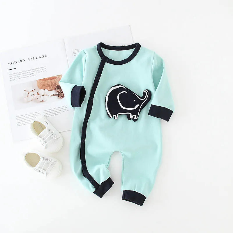 Baby cotton long sleeve romper with diagonal button closure in blue house print