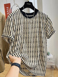 Black striped men's casual loose fit pullover shirt with short sleeves