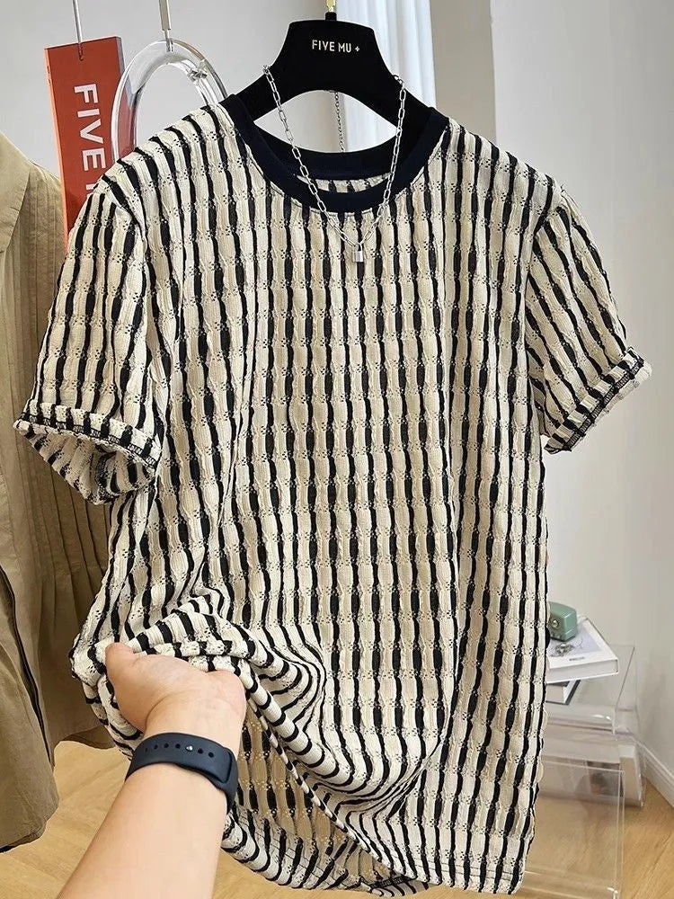 Black striped men's casual loose fit pullover shirt with short sleeves
