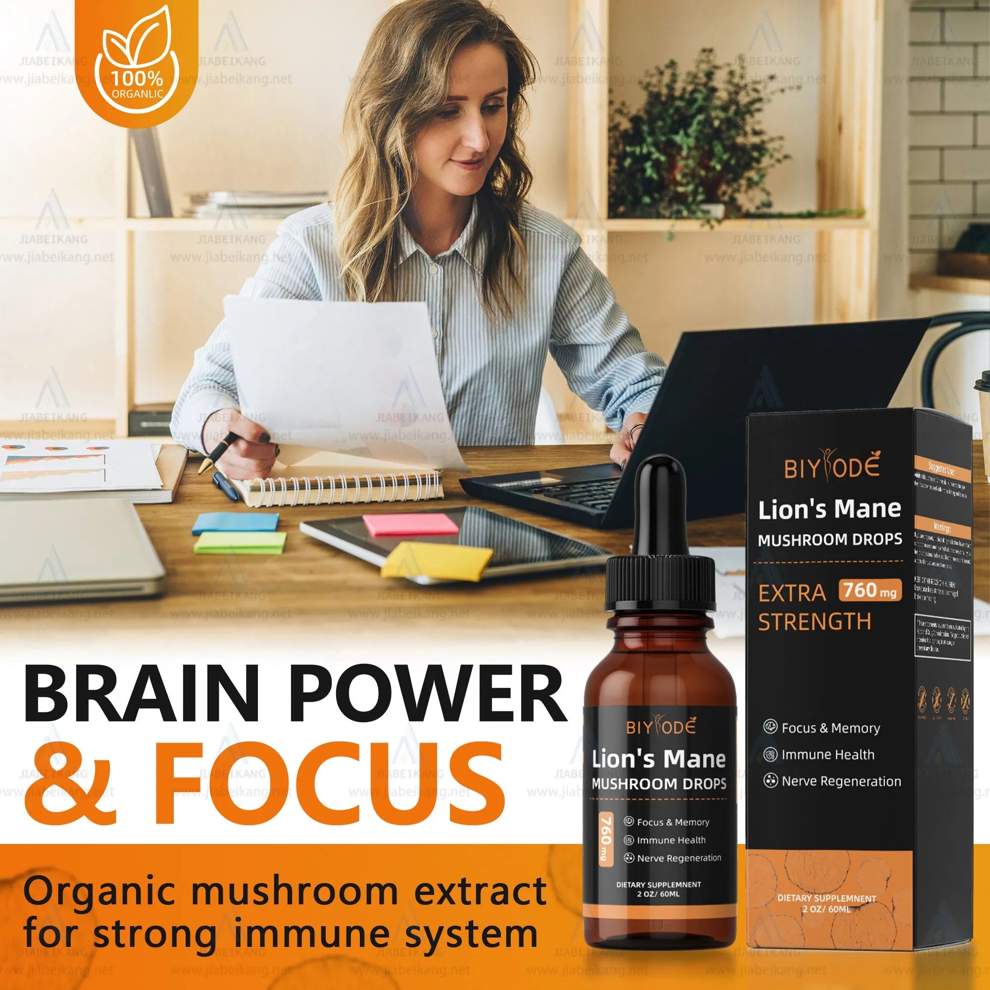 Bottle of organic Lions Mane mushroom extract liquid drops with dropper