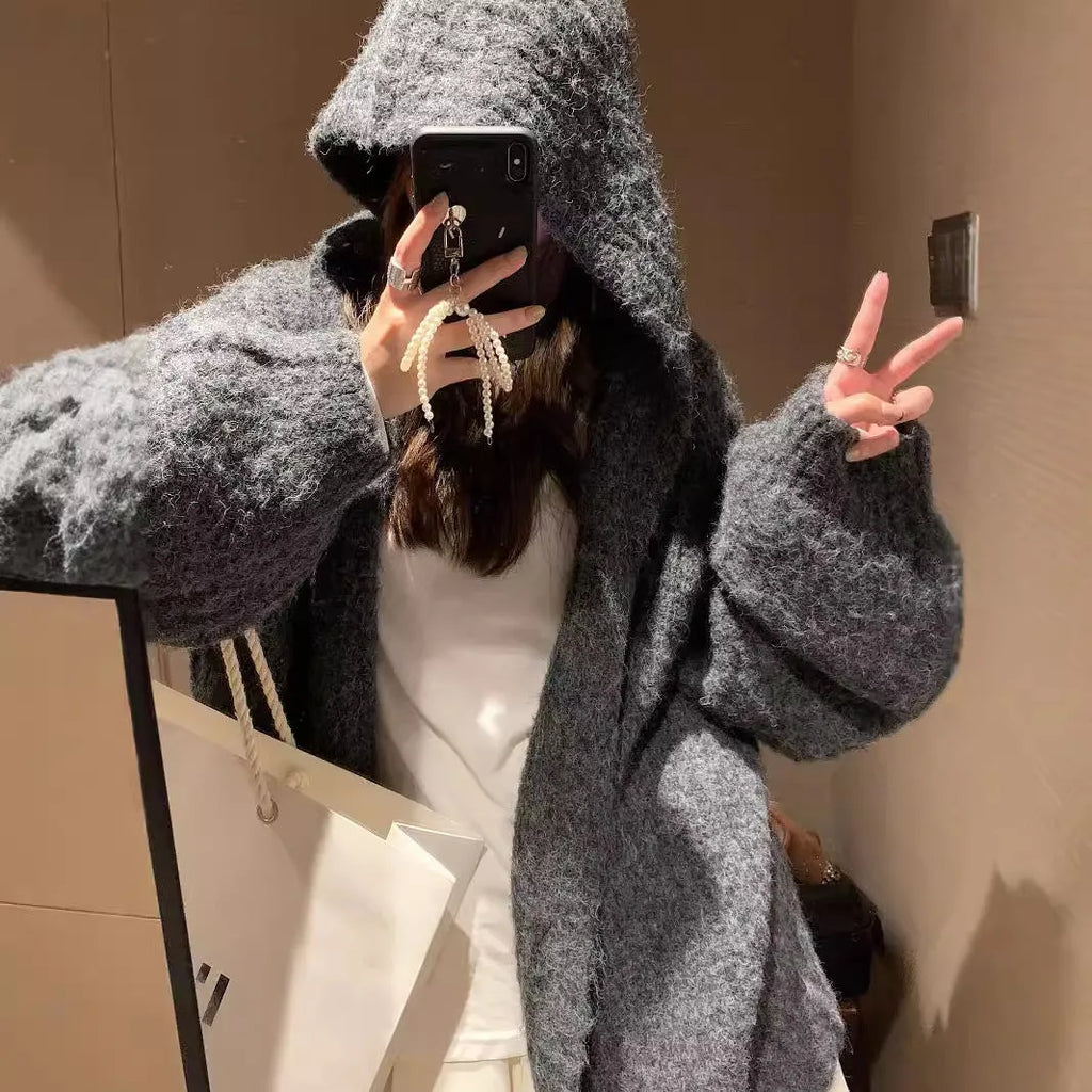 Women's dark grey retro Maillard hooded sweater cardigan with loose fit.
